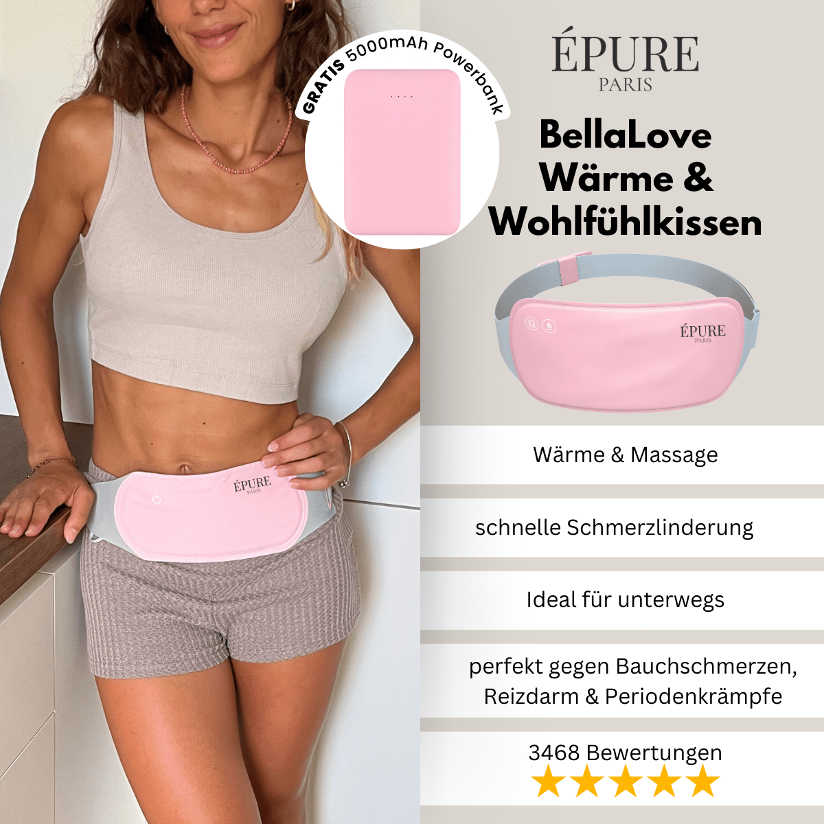 BellaLove I Das virale Wärme - & Wohlfühlkissen - schnelle Schmerzlinderung, Wärme und Massage - perfekt für Bauchschmerzen, Periodenkrämpfe & Verdauungsbeschwerden - épure paris