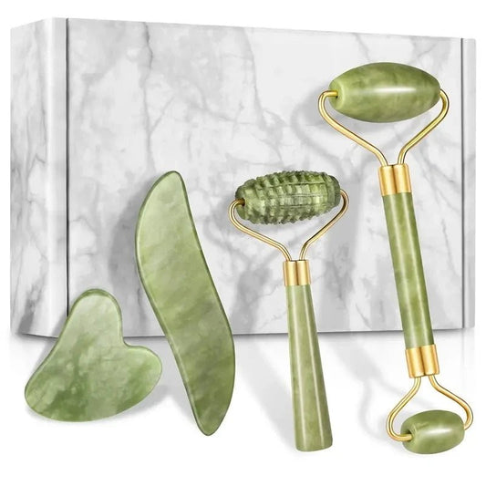 NaturaLift - 4 - teiliges Jade - Roller & Gua Sha Set - straffe Haut, Lymphdrainage, Anti - Aging & Glow - Effekt - Hautpflege, Detox - für Gesicht & Hals - épure paris
